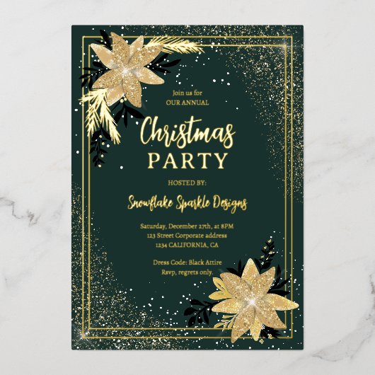 金ゴールドグリッターフローラグリーン企業のクリスマス 箔シーズンカード (正面)