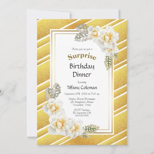金ゴールドグリッターフローラサプライズ誕生日ディナー 招待状 (正面)