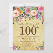 金ゴールドグリッターフローラサプライズ100誕生日 招待状 (正面)