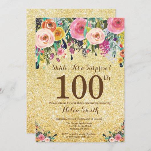 金ゴールドグリッターフローラサプライズ100誕生日 招待状 (正面/裏面)