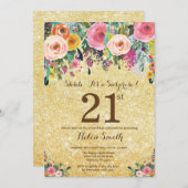 金ゴールドグリッターフローラサプライズ21歳の誕生日 招待状 (正面/裏面)