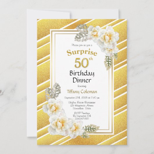 金ゴールドグリッターフローラサプライズ50th誕生日ディナー 招待状 (正面)