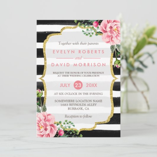 金ゴールドグリッターフローラストライプ白黒結婚ズ 招待状 (スタンド正面)