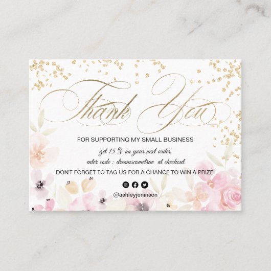 金ゴールドグリッターフローラパステルロゴスクリプ感謝していトユー 名刺 (正面)