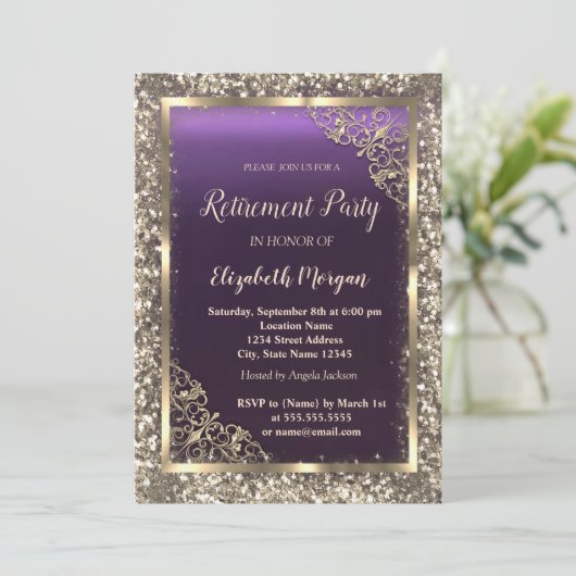 金ゴールドグリッターフローラフレームパープルリタイア 招待状 (スタンド正面)
