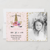 金ゴールドグリッターフローラユニコーンホーン誕生日写真 招待状 (正面)