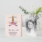 金ゴールドグリッターフローラユニコーンホーン誕生日写真 招待状 (スタンド正面)