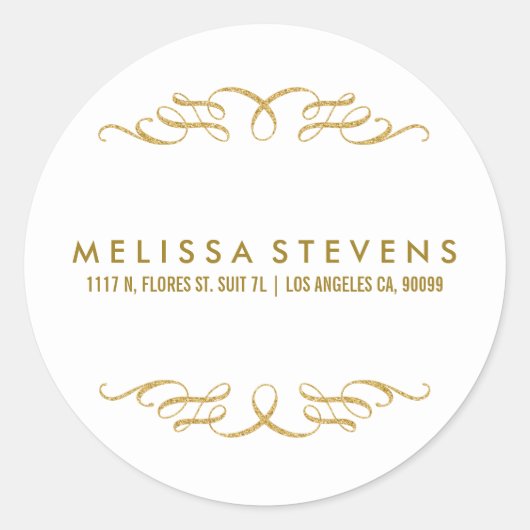 金ゴールドグリッターフローラレースフレームの白い背景 ラウンドシール (正面)
