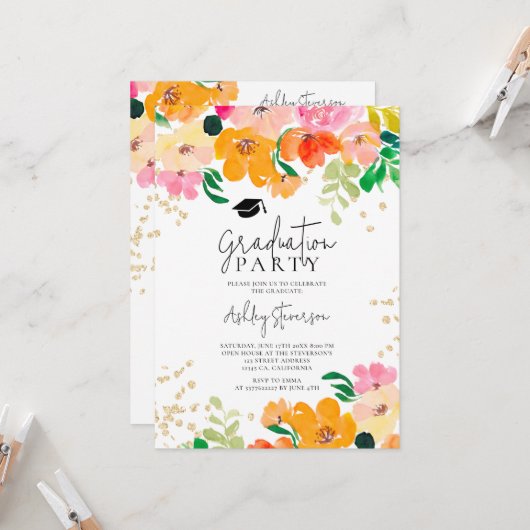 金ゴールドグリッターフローラ写真植物卒業 招待状 (正面/裏面インサイチュ)