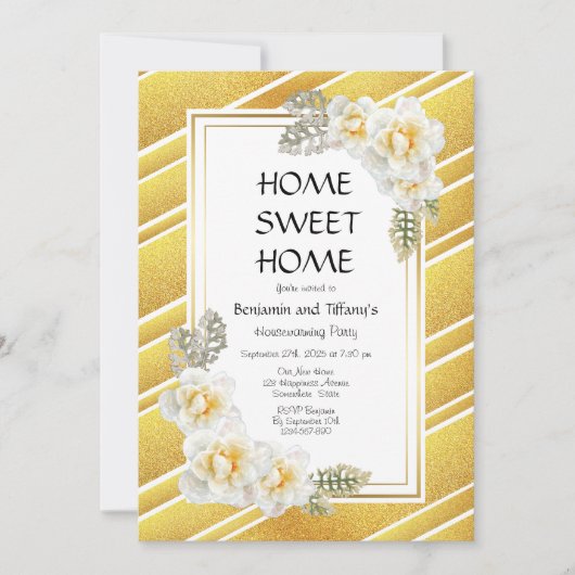 金ゴールドグリッターフローラ引っ越し祝いパーティーパーティー 招待状 (正面)