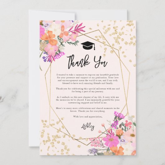 金ゴールドグリッターフローラ水彩写真卒業 サンキューカード (正面)