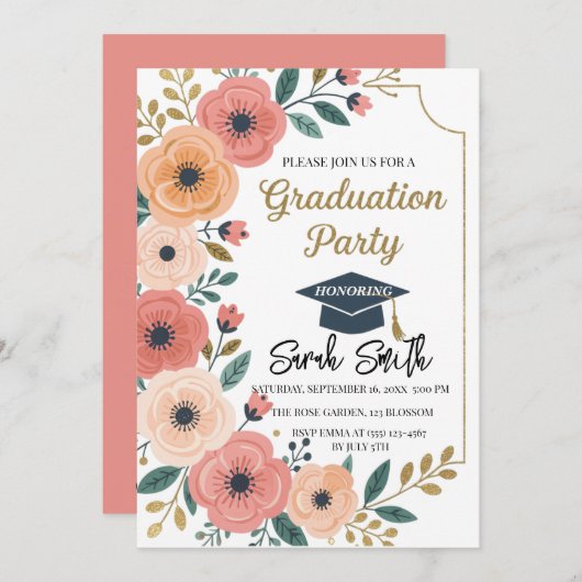 金ゴールドグリッターフローラ水彩写真卒業 招待状 (正面/裏面)