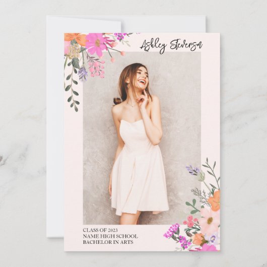 金ゴールドグリッターフローラ水彩写真卒業 招待状 (裏面)