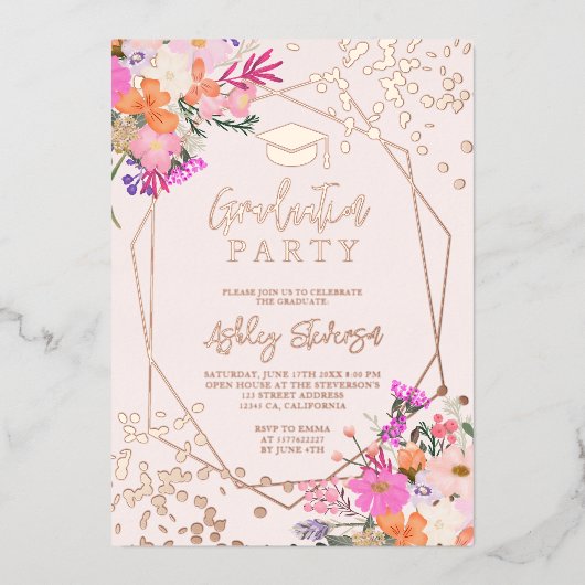 金ゴールドグリッターフローラ水彩写真卒業 箔招待状 (正面)