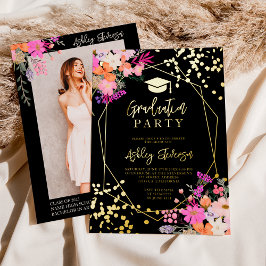 金ゴールドグリッターフローラ水彩写真卒業 箔招待状