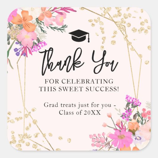 金ゴールドグリッターフローラ水彩感謝してい卒業 スクエアシール (正面)