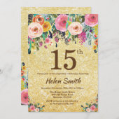 金ゴールドグリッターフローラ15番目の誕生日招待状 招待状 (正面/裏面)