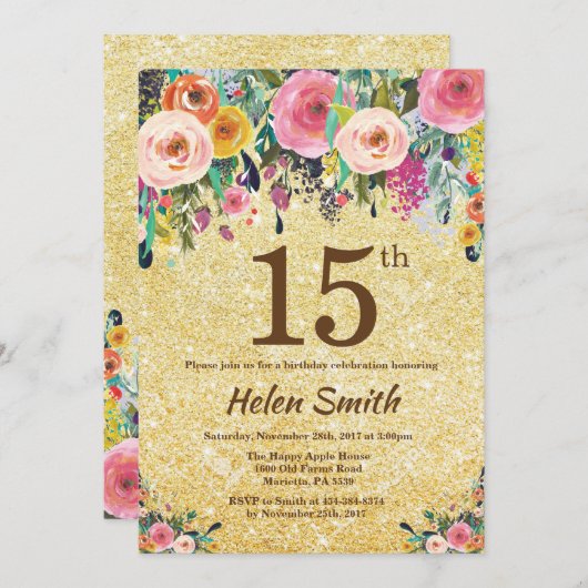 金ゴールドグリッターフローラ15番目の誕生日招待状 招待状