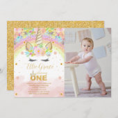 金ゴールドグリッターフローラ1st誕生日ユニコーン写真 招待状 (正面/裏面)