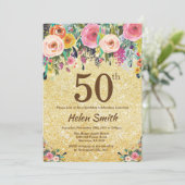 金ゴールドグリッターフローラ50番目の誕生日招待状 招待状 (スタンド正面)