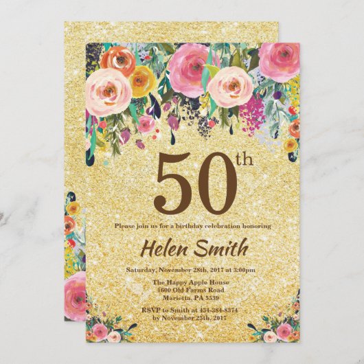金ゴールドグリッターフローラ50番目の誕生日招待状 招待状 (正面/裏面)