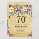 金ゴールドグリッターフローラ70番目の誕生日招待状 招待状 (正面/裏面)