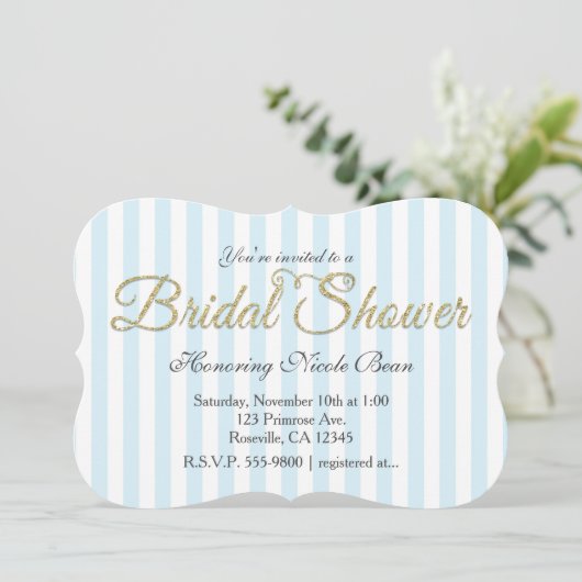 金ゴールドグリッターブライダルシャワーストライプブルー招待状 招待状 (スタンド正面)