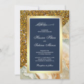 金ゴールドグリッターブラウンマーブルネイビーブルームスリム結婚ズ 招待状 (正面)