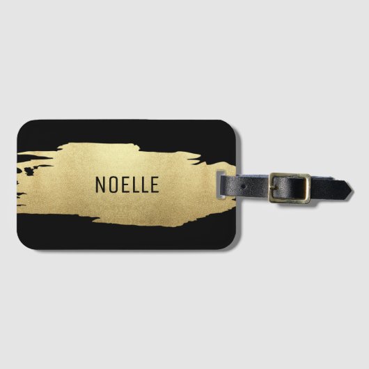 金ゴールドグリッターブラシストローク付き/名前、黒 ラゲッジタグ (正面横)