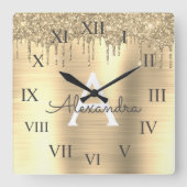 金ゴールドグリッターブラシメタルモノグラム名 スクエア壁時計 (正面)