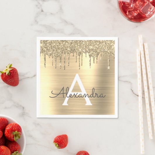 金ゴールドグリッターブラシ仕上げ金属モノグラム名 スタンダードカクテルナプキン (インサイチュ)