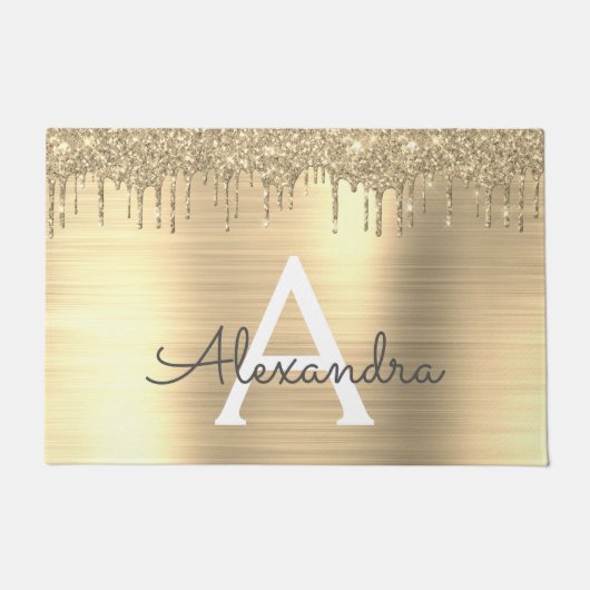 金ゴールドグリッターブラシ仕上げ金属モノグラム名 ドアマット (正面)