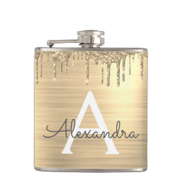 金ゴールドグリッターブラシ仕上げ金属モノグラム名 フラスク