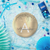 金ゴールドグリッターブラシ仕上げ金属モノグラム名 ペーパープレート (パーティー)