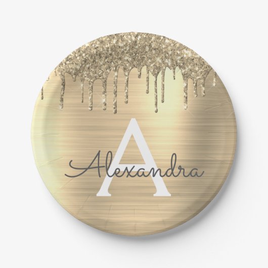 金ゴールドグリッターブラシ仕上げ金属モノグラム名 ペーパープレート (正面)