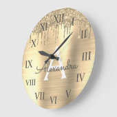 金ゴールドグリッターブラシ仕上げ金属モノグラム名 ラージ壁時計 (傾斜)