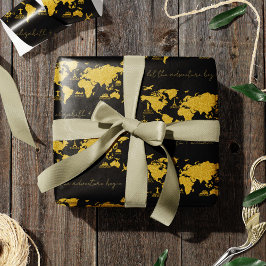 金ゴールドグリッターブラックエレガントな結婚式の世界地図 ラッピングペーパー