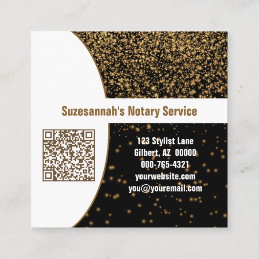 金ゴールドグリッターブラックカスタムQRコード公証人 スクエア名刺 (裏面)