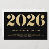 金ゴールドグリッターブラックニューイヤーズイブパーティの招待状 (正面/裏面)