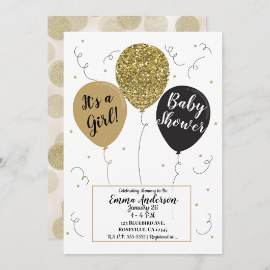 金ゴールドグリッターブラックバルーン女の子ベビーシャワー 招待状 (正面/裏面)