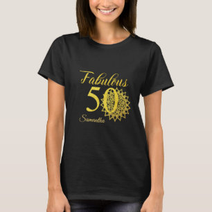 金ゴールドグリッターブラックファビュラス50th誕生日 tシャツ