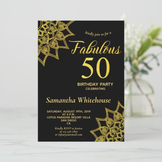 金ゴールドグリッターブラックファブラス50誕生日 招待状 (スタンド正面)