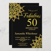 金ゴールドグリッターブラックファブラス50誕生日 招待状 (正面/裏面)