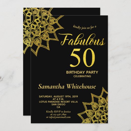 金ゴールドグリッターブラックファブラス50誕生日 招待状 (正面/裏面)