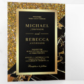 金ゴールドグリッターブラックマーブルフォト結婚ズ 三つ折り招待状 (内部最初)