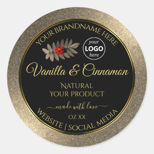 金ゴールドグリッターブラック製品ラベルLadybugロゴの追加 ラウンドシール (正面)