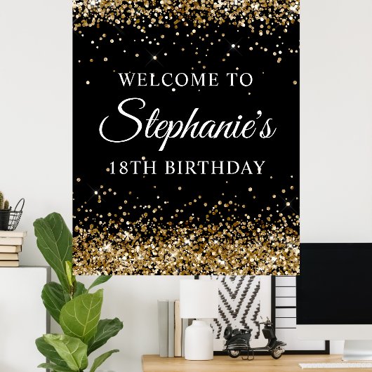 金ゴールドグリッターブラック18thバースデーパーティーへようこそ ポスター (ホームオフィス)