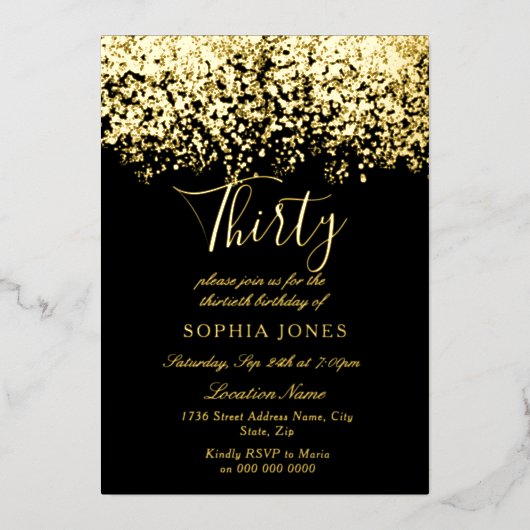 金ゴールドグリッターブラック30th誕生日パーティー金ゴールド 箔招待状 (正面)