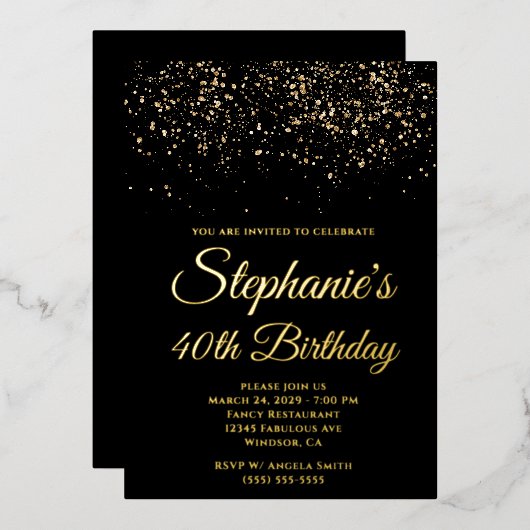 金ゴールドグリッターブラック40歳の誕生日 箔招待状 (正面/裏面)