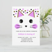 金ゴールドグリッターブラック&パープルキャット誕生日 招待状 (スタンド正面)